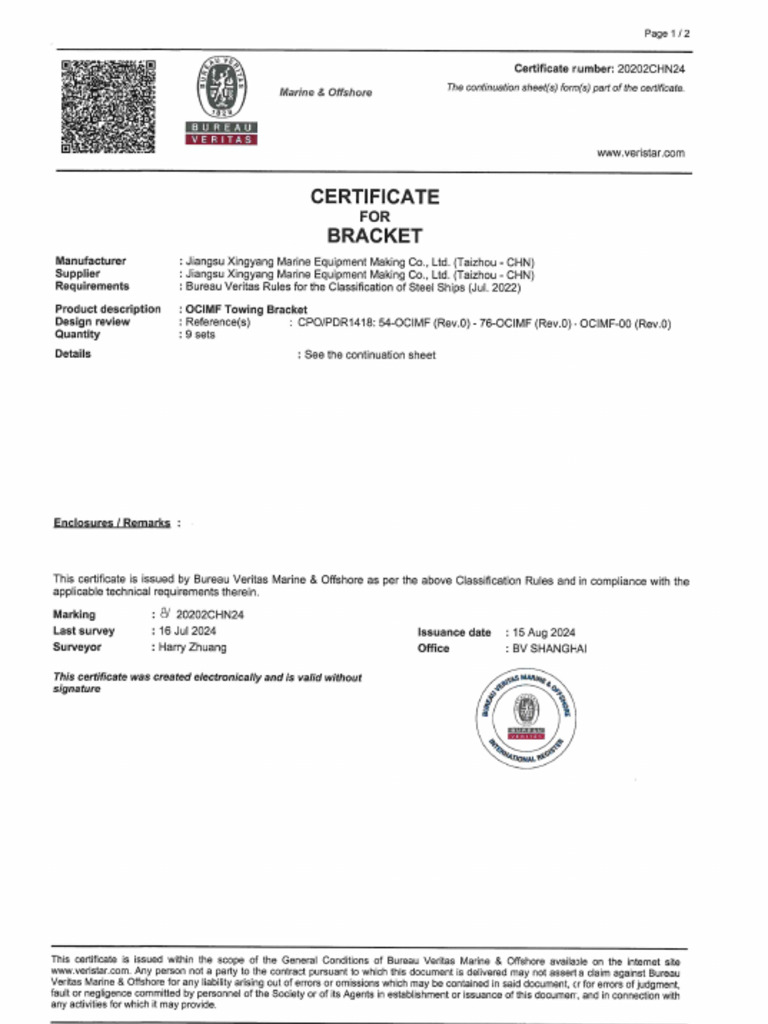 Po 9292 - 100 Ton Smit, 200t - Right Smit Bracket - BV Cert | PDF