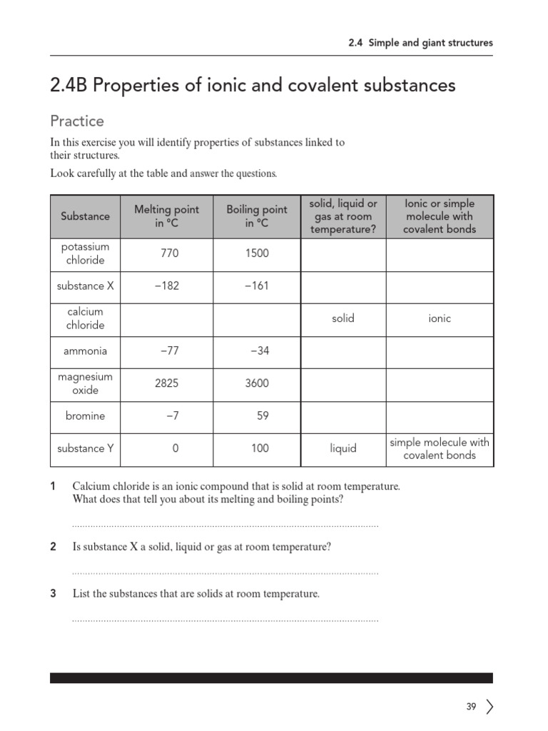 2.4B Properties of Ionic and Covalent Substances: Practice | PDF