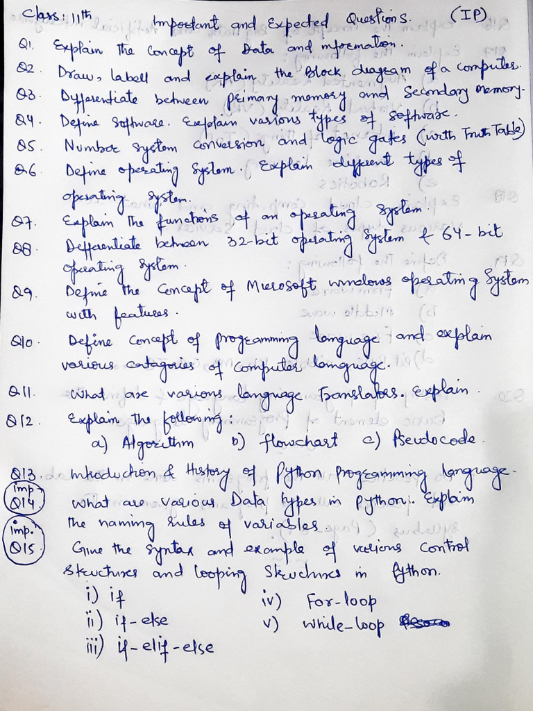 11th IP Important and Expected Questions 2024 | PDF