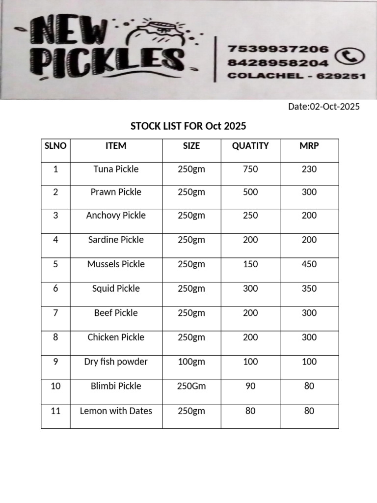 Stock List Oct | PDF