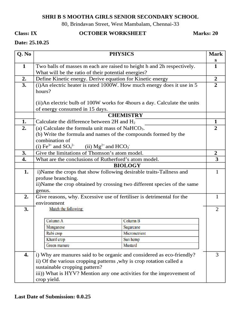 Class IX October Worksheet: Physics, Chemistry, Biology | PDF