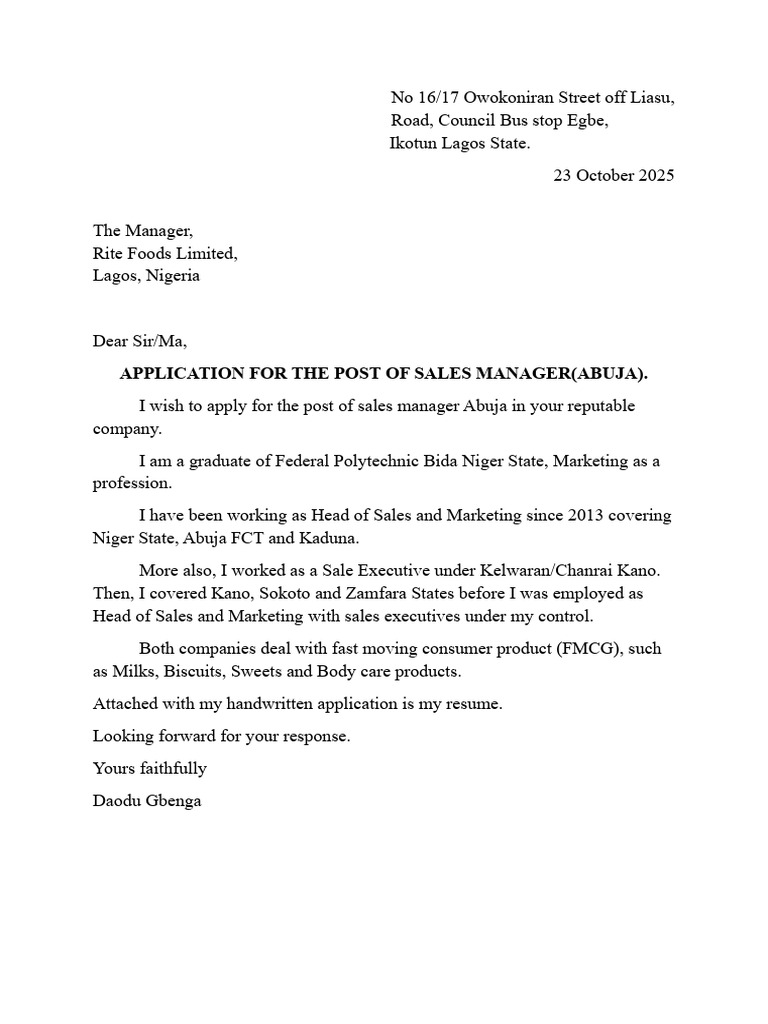Application For The Post of Sales Manager (Abuja) | PDF