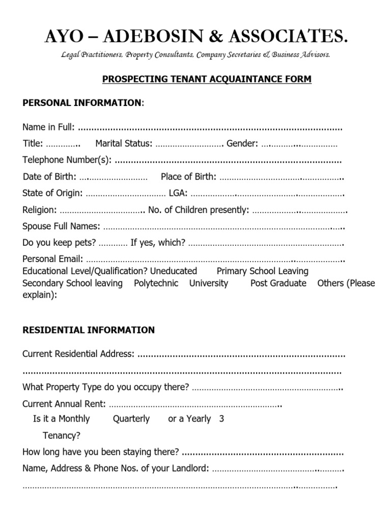 Tenant Acquaintance Form Template | PDF | Identity Document | Private Law