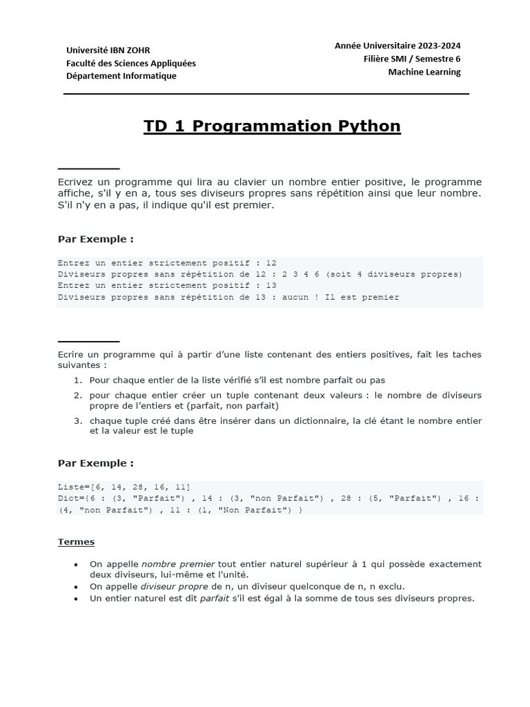 Exercice Python sur les Diviseurs et Nombres Parfaits | PDF