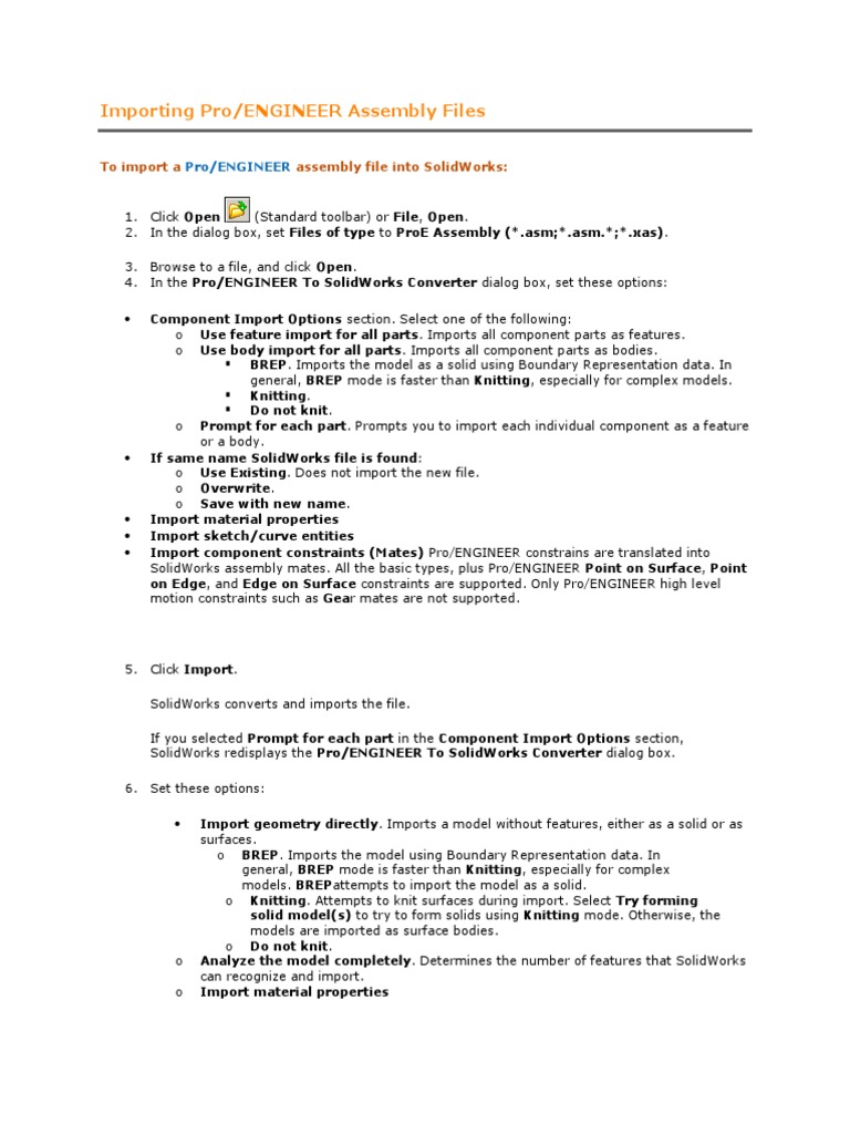 Import Pro/ENGINEER Assemblies to SolidWorks | PDF