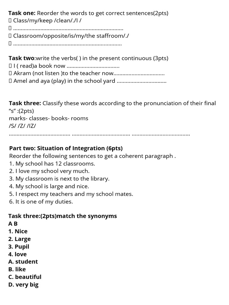 Task One Reorder The Words To Get Correct Sentences (2pts) Classmykeep ...