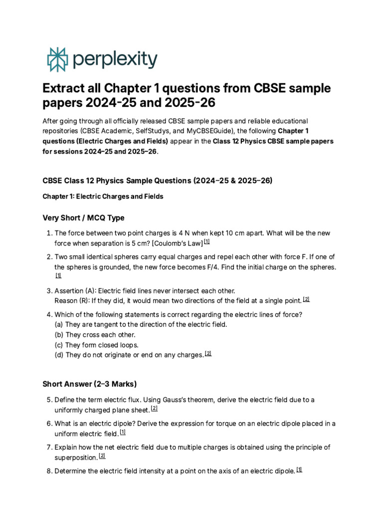 CBSE Class 12 Physics Chapter 1 Questions | PDF | Electric Field | Physics