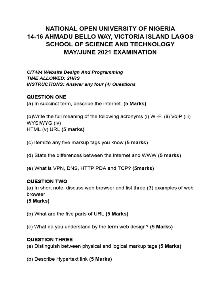 CIT432 2021 Exam Past Question | PDF