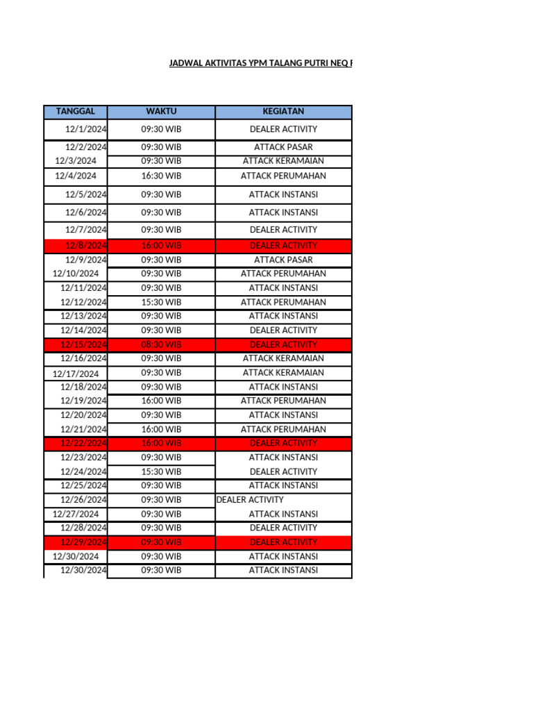 Jadwal Aktivitas Neq Parameswara Desember | PDF