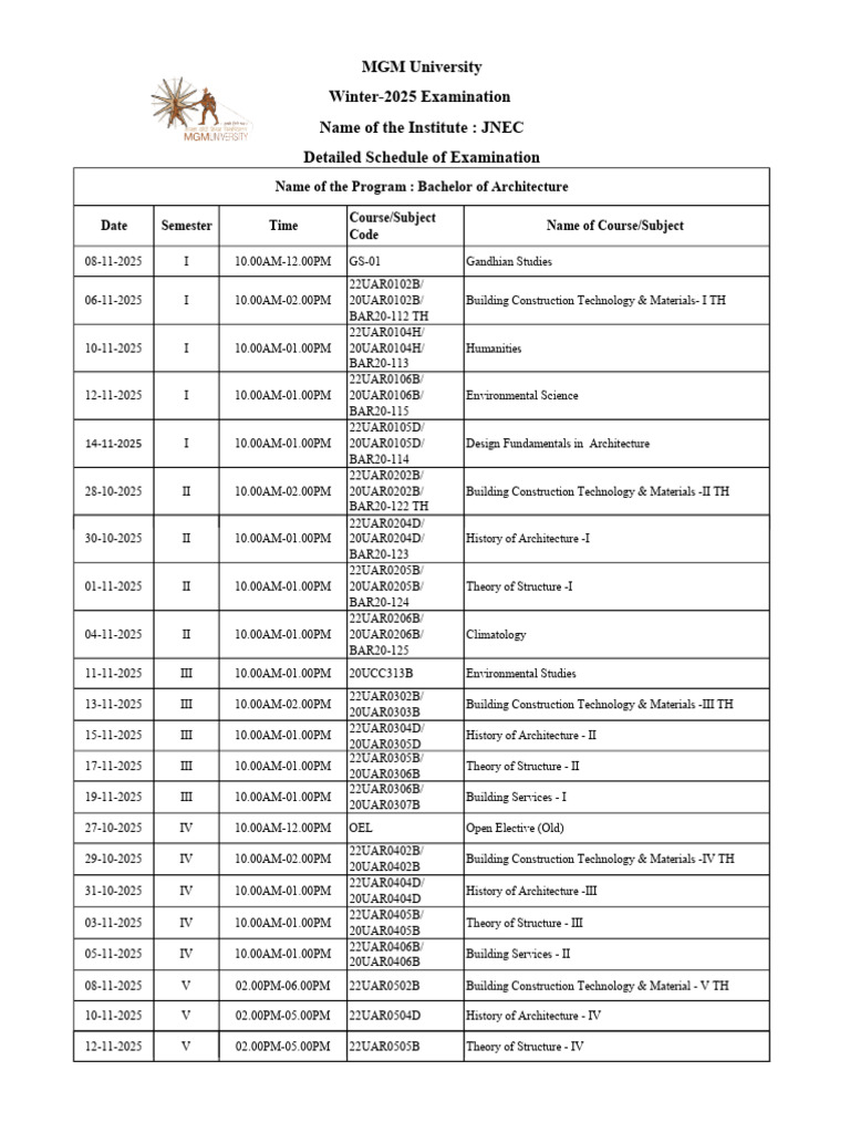Winter 2025 Exam Schedule for Architecture and Engineering | PDF ...