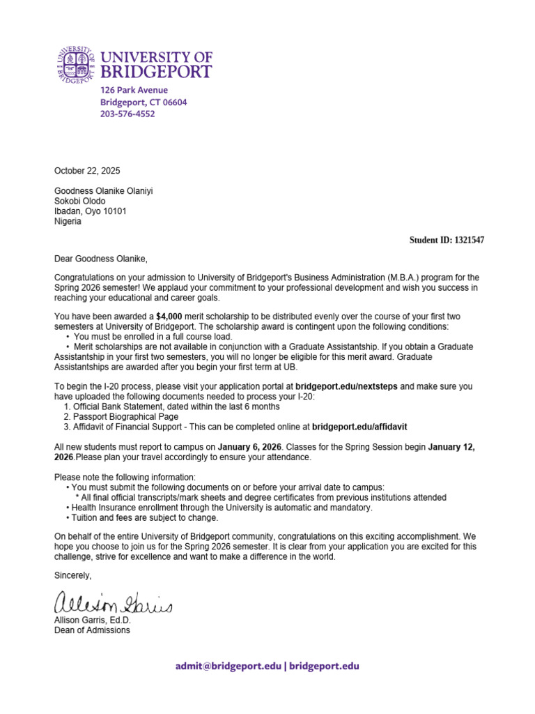 University of Bridgeport MBA Admission Letter | PDF