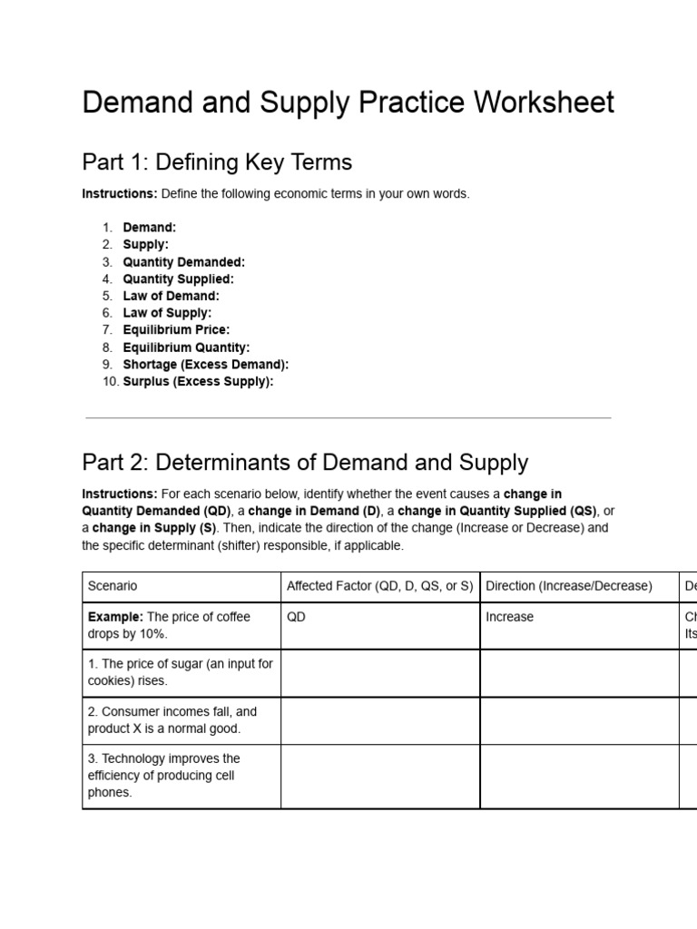 Demand and Supply Worksheet Guide | PDF | Economic Equilibrium | Demand