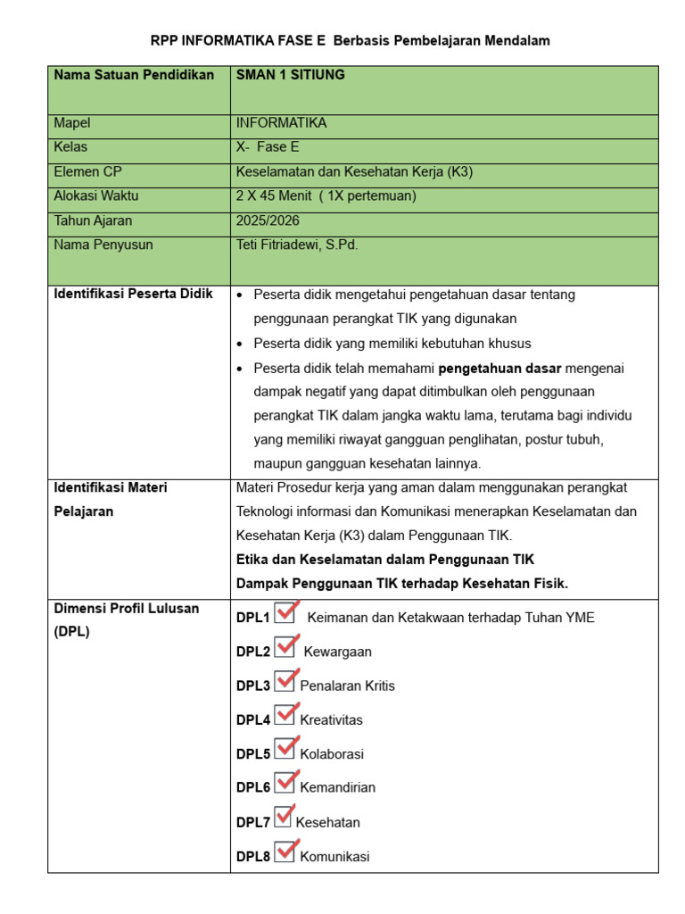 RPP Informatika K3 untuk Kelas X | PDF