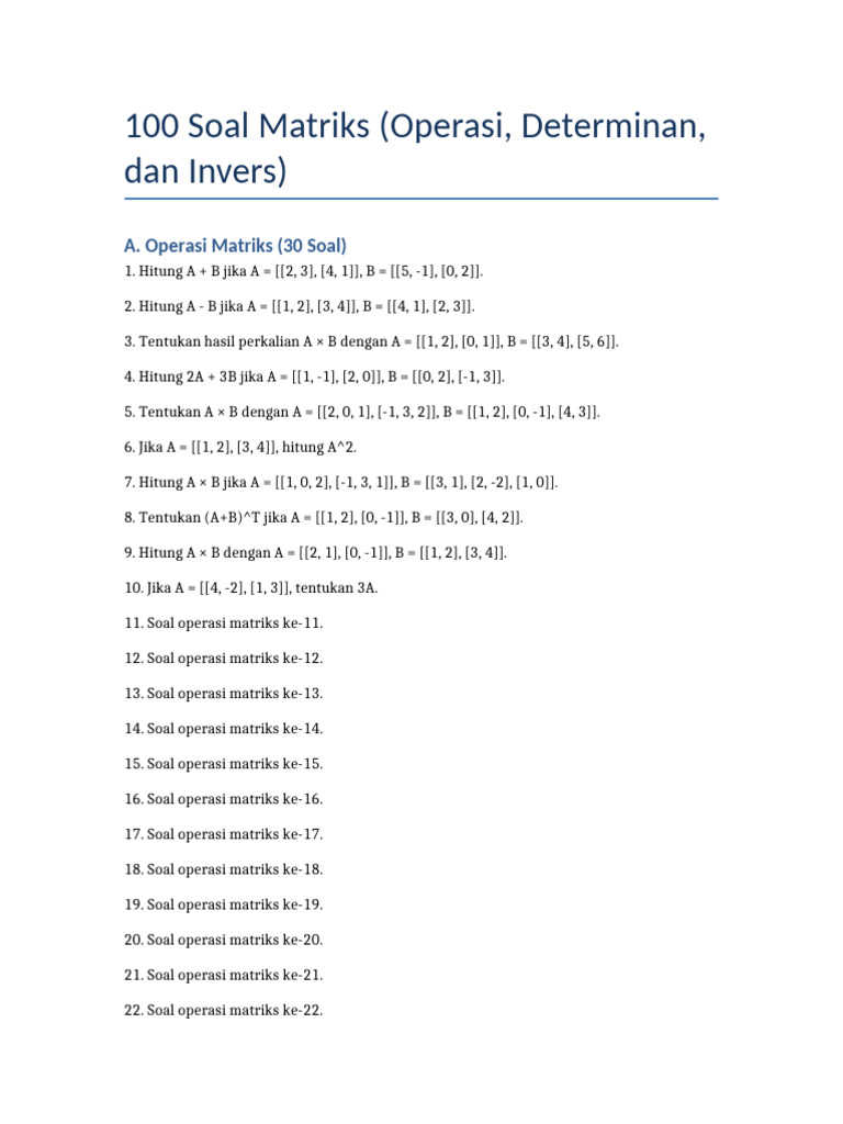 100 Soal Matriks: Operasi & Invers | PDF
