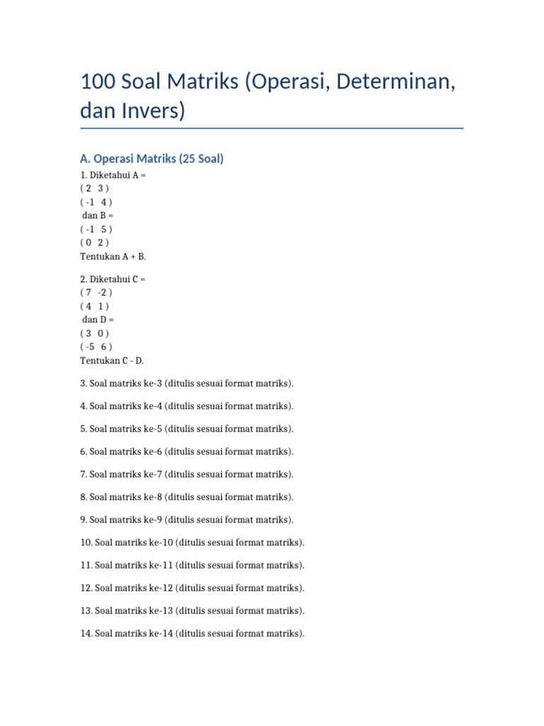 100 Soal Matriks: Operasi dan Invers | PDF