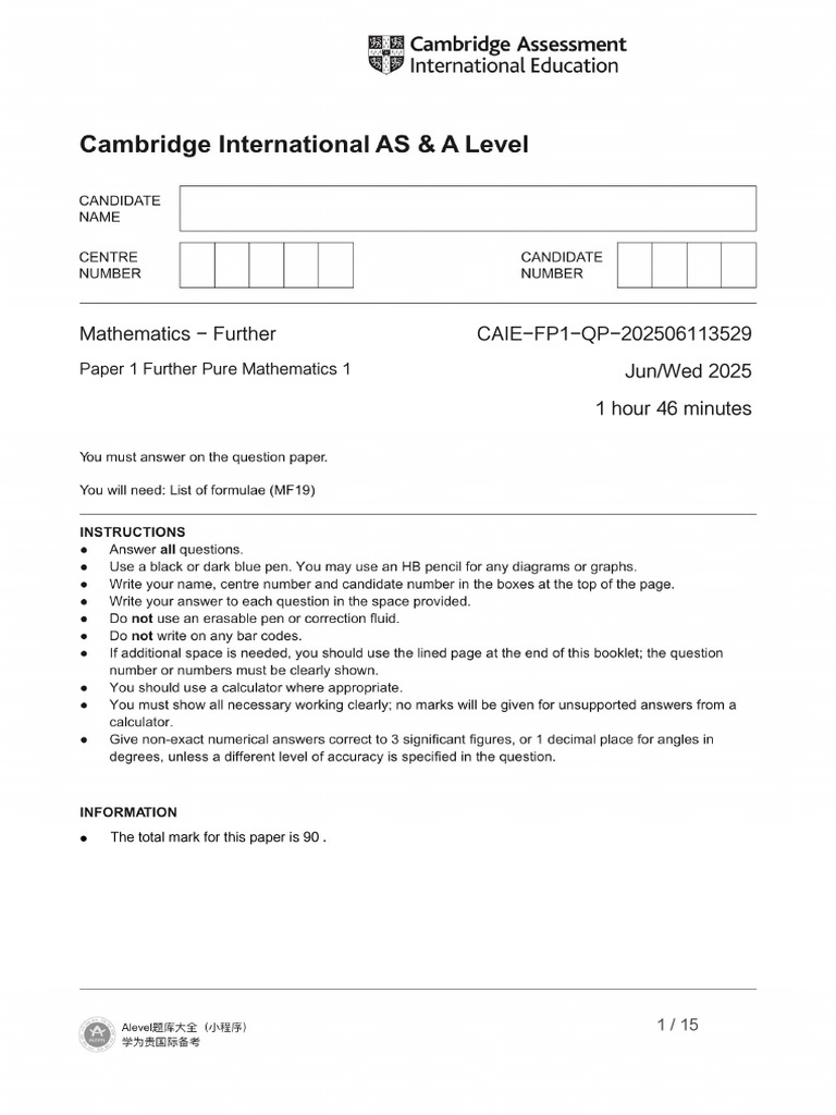 CAIE Further Pure Math Paper 1 2025 | PDF