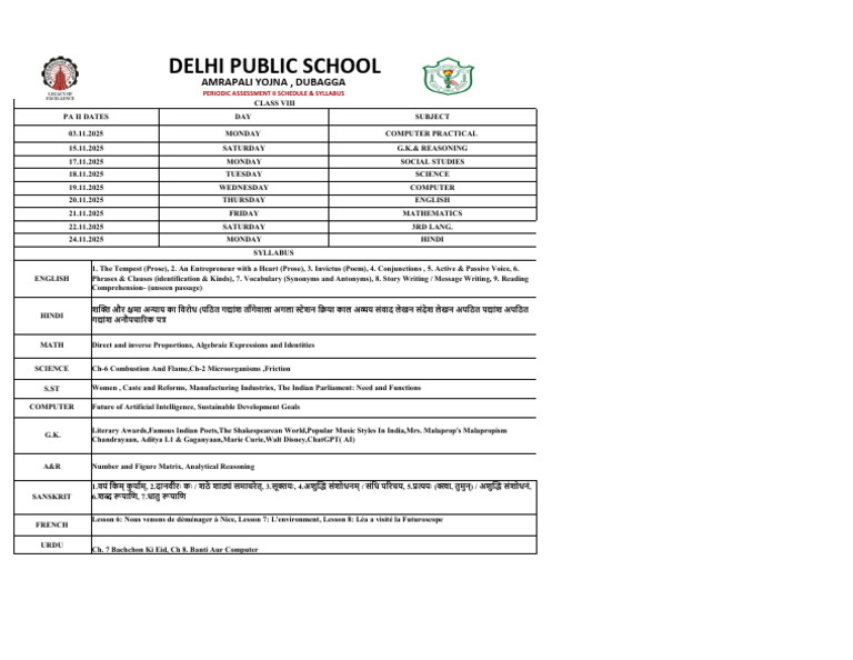Class VIII Periodic Assessment II Schedule | PDF | Linguistics