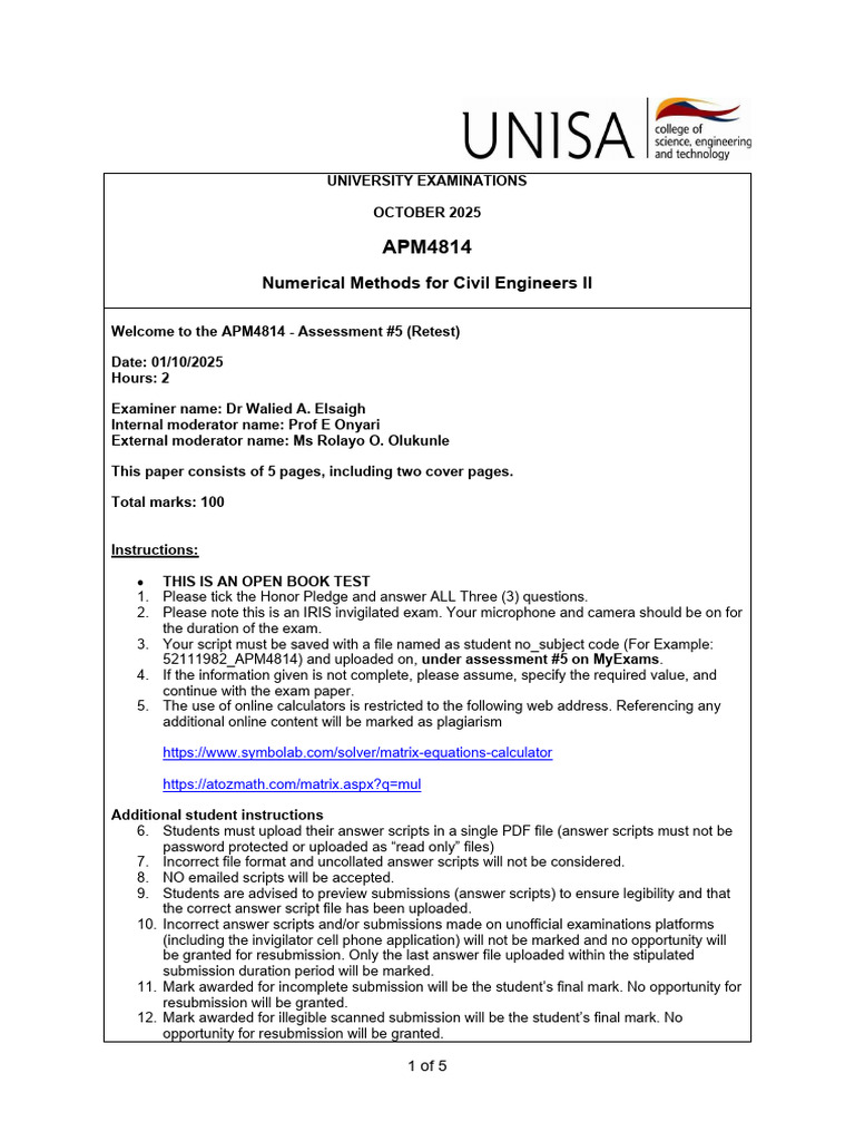 APM4814 Numerical Methods Exam Guide | PDF | Partial Differential ...