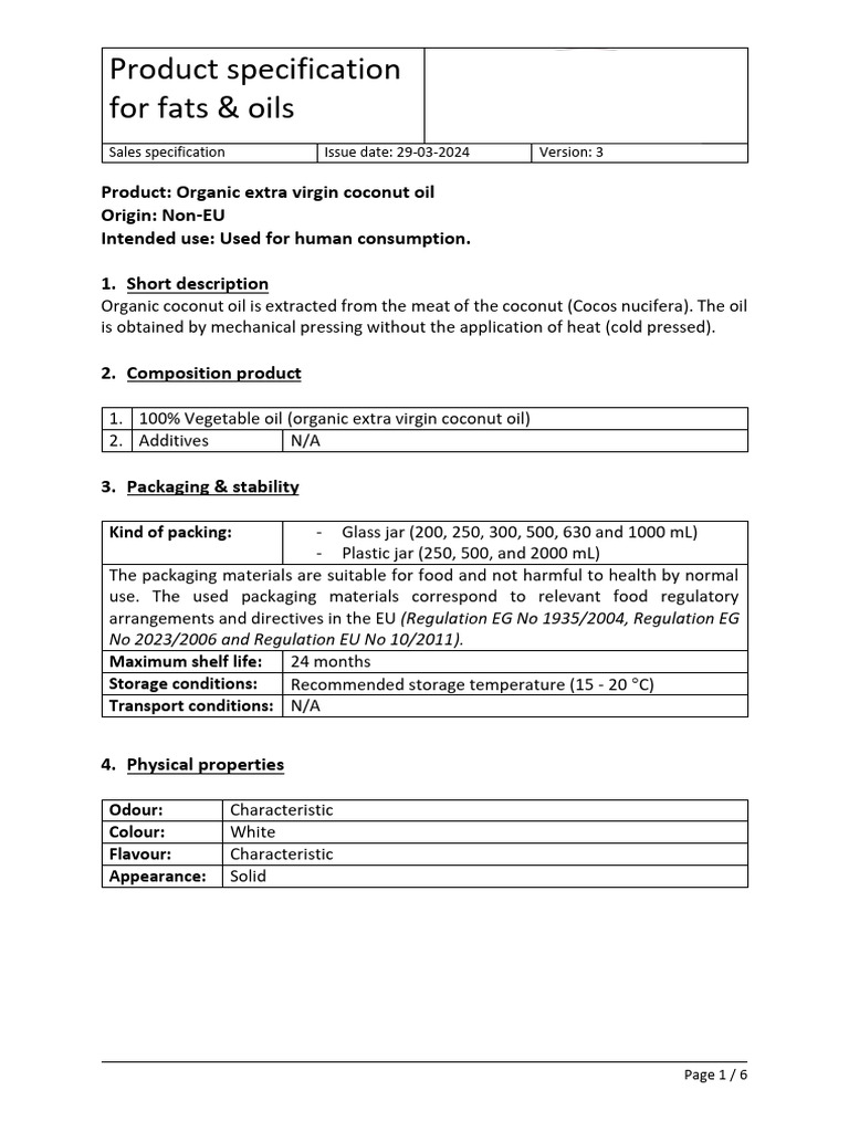 Organic Extra Virgin Coconut Oil Specs | PDF | Coconut Oil | Food Energy