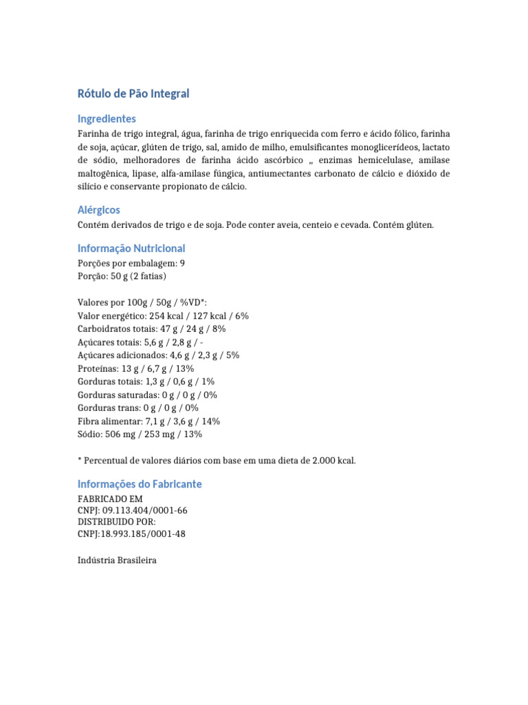 Rótulo e Informações do Pão Integral | PDF