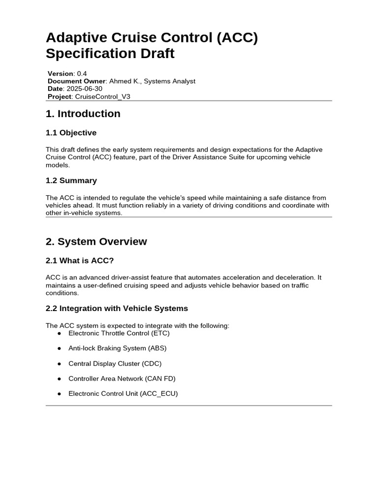 Adaptive Cruise Control (ACC) Specification Draft | PDF | Anti Lock ...