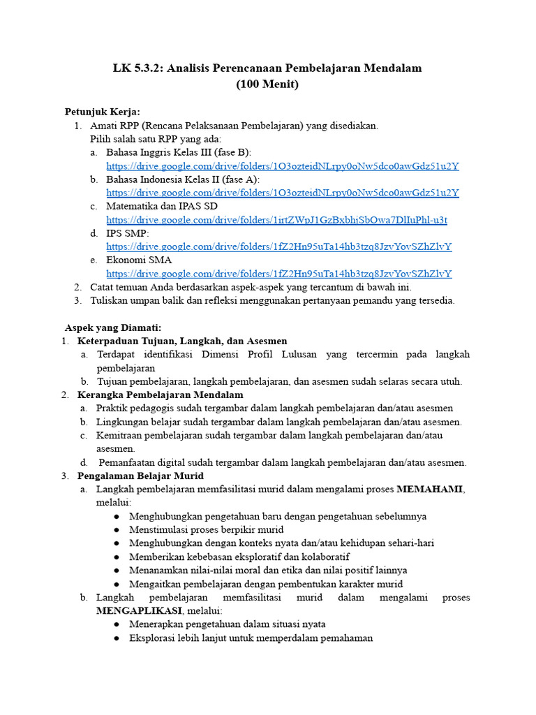 Analisis RPP Pembelajaran Mendalam | PDF
