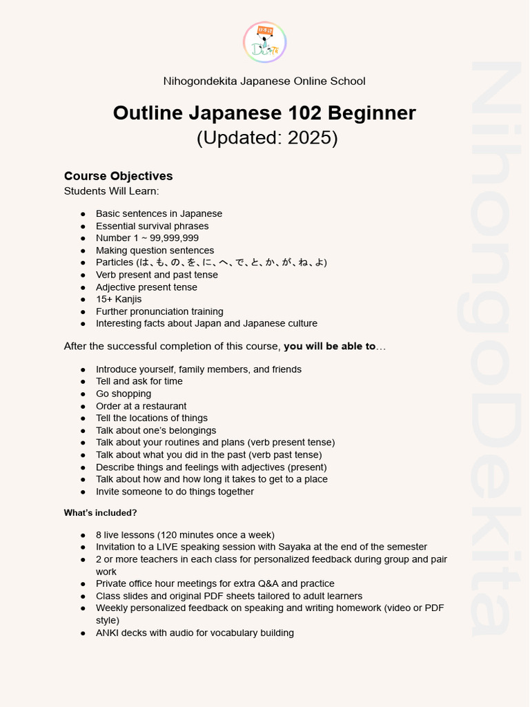 PDF Outline - Japanese 102 Beginner | PDF | Japanese Language | Languages