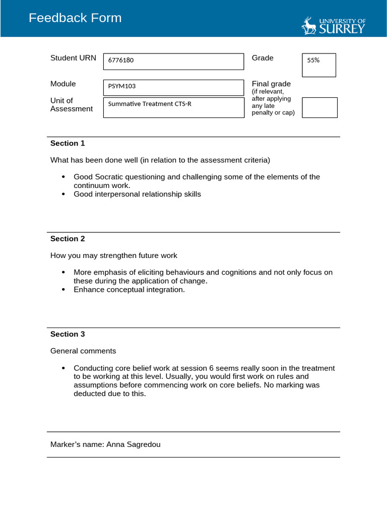 Cognitive Therapy Session Feedback Report | PDF | Psychotherapy | Thought