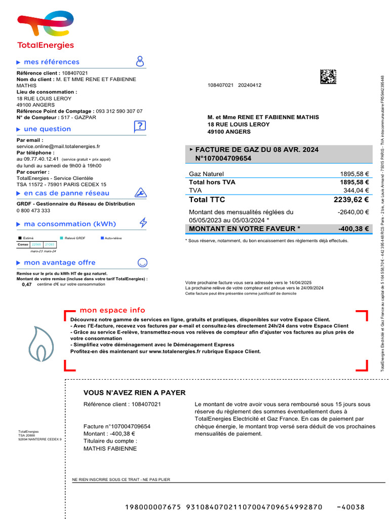 Facture de gaz M. et Mme Mathis 2024 | PDF | Taxe sur la valeur ajoutée ...