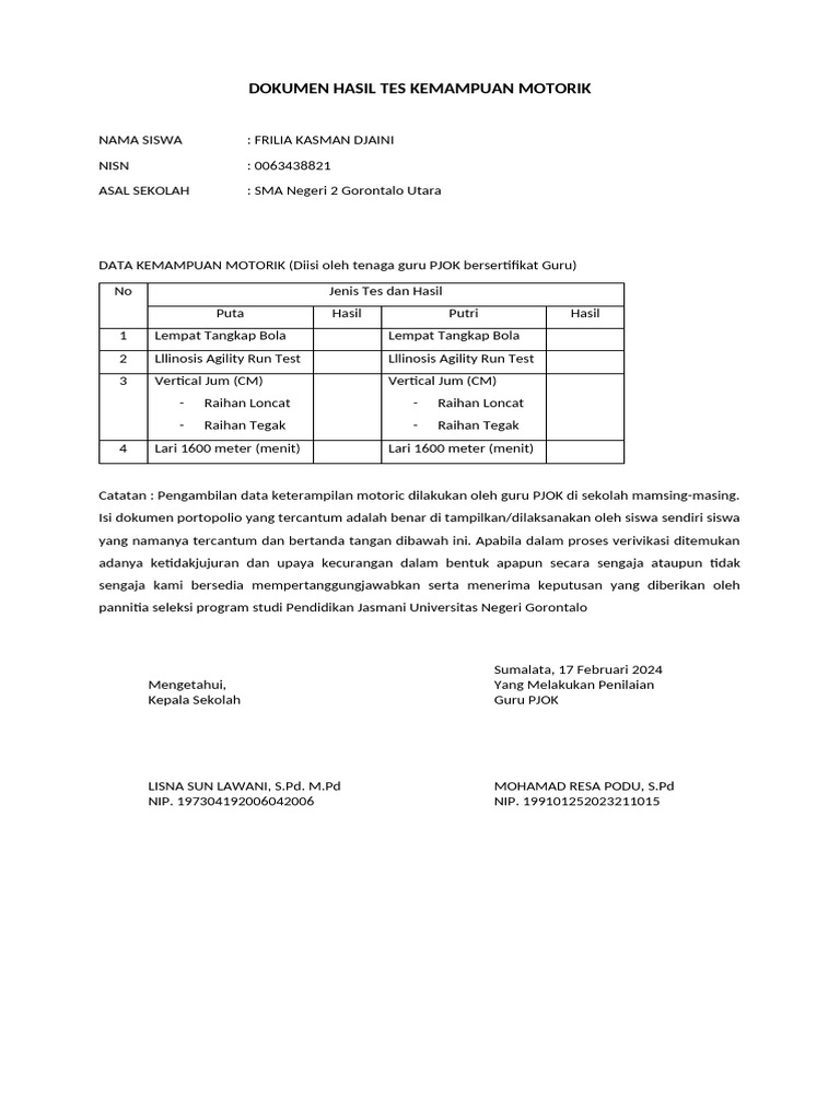 Hasil Tes Kemampuan Motorik Frilia | PDF