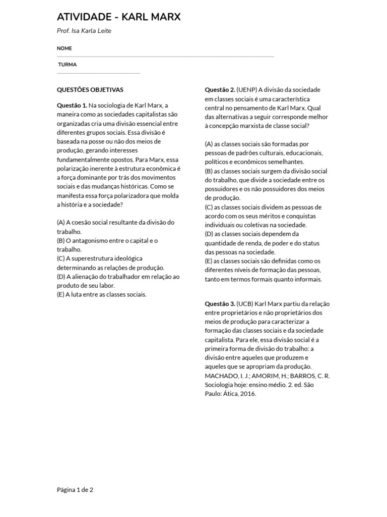 Questões sobre Karl Marx e Classes Sociais | PDF | Sociologia | Sociedade