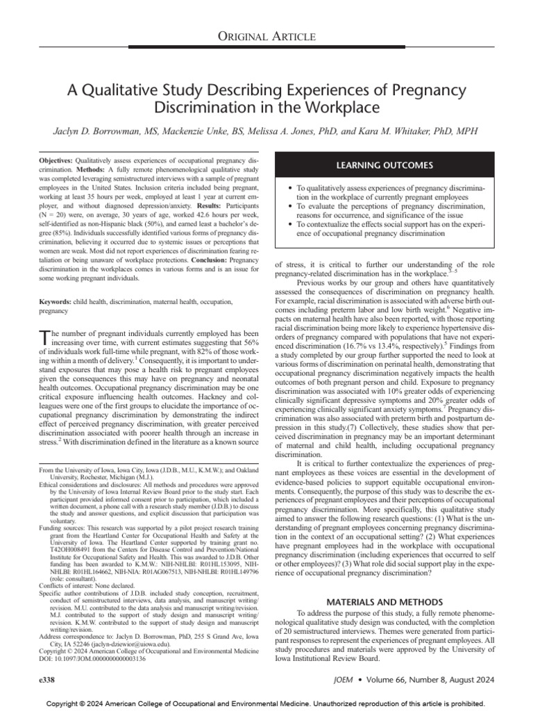 A Qualitative Study Describing Experiences of Pregnancy Discrimination ...