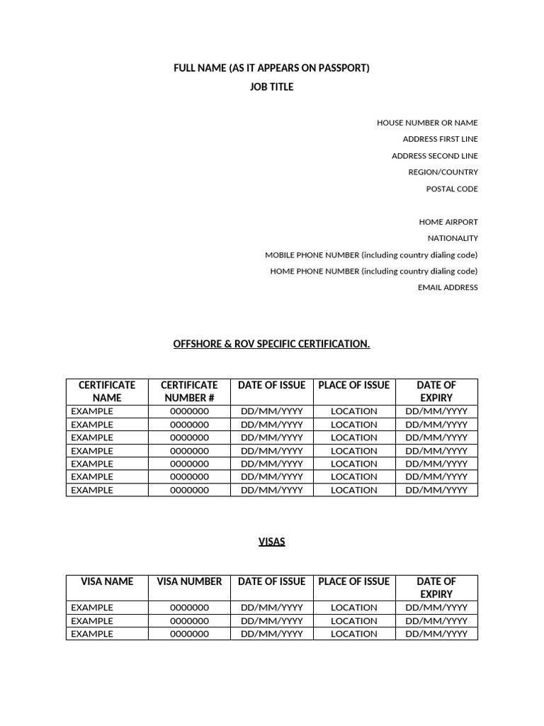 Offshore ROV Certification and Experience Form | PDF | Telephone Number ...