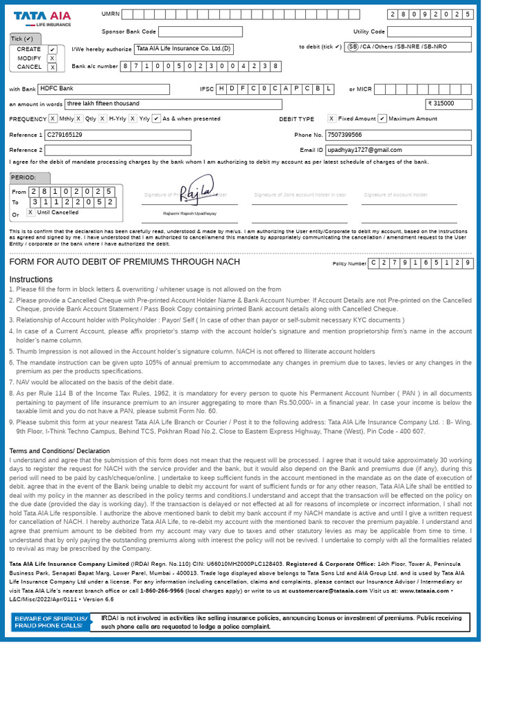 C279165129 NACHForm | PDF | Banks | Cheque