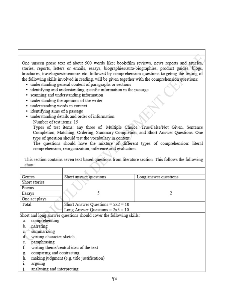 Grade XI & XII English Test Specifications | PDF | Reading ...