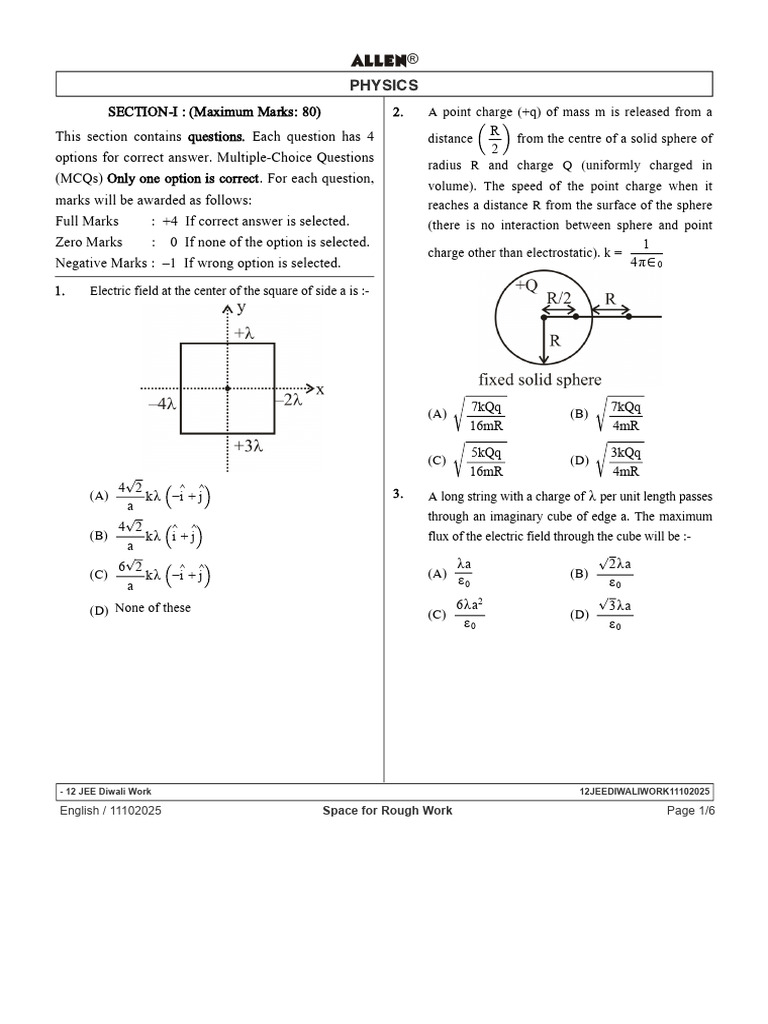 Physics MCQs for JEE Preparation | PDF | Sphere | Electric Field