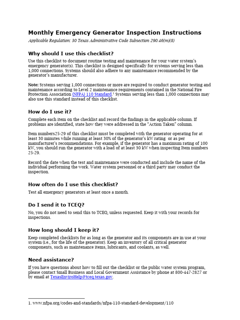 Monthly Emergency Generator Checklist | PDF | Battery Charger ...