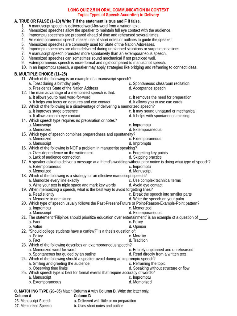 Long Quiz 2.5 in Oral Communication SPEECH DELIVERY | PDF | Human ...
