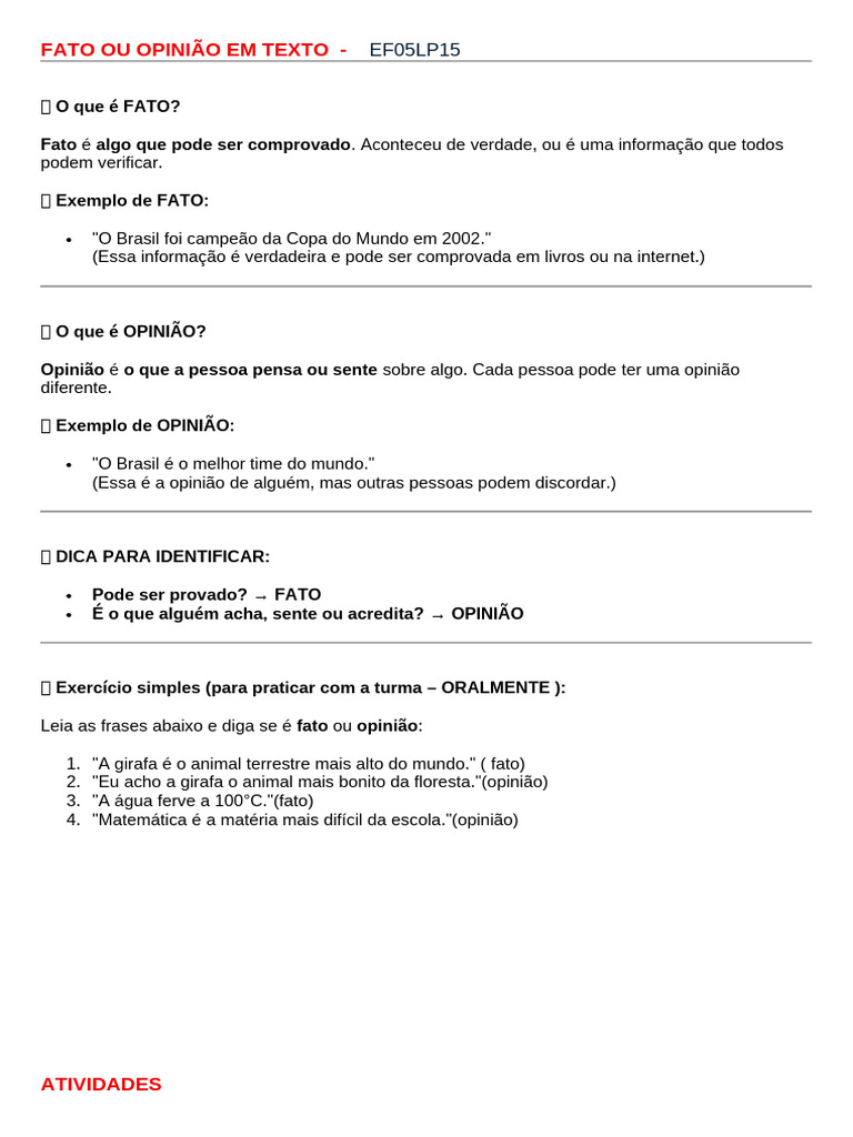 Fato ou Opinião: Entenda a Diferença | PDF