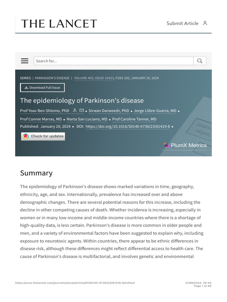Epidemiology of Parkinson's Disease Insights | PDF | Parkinson's ...
