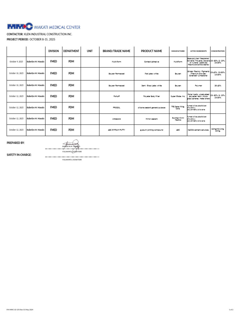 Hazardous Materials Inventory Form - KLEN - October 8-15, 2025 | PDF ...