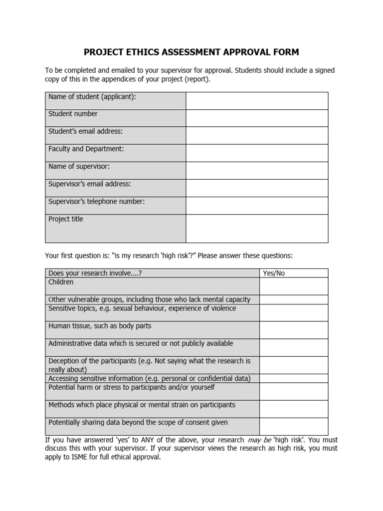 Project Ethics Assessment Form | PDF | Consent