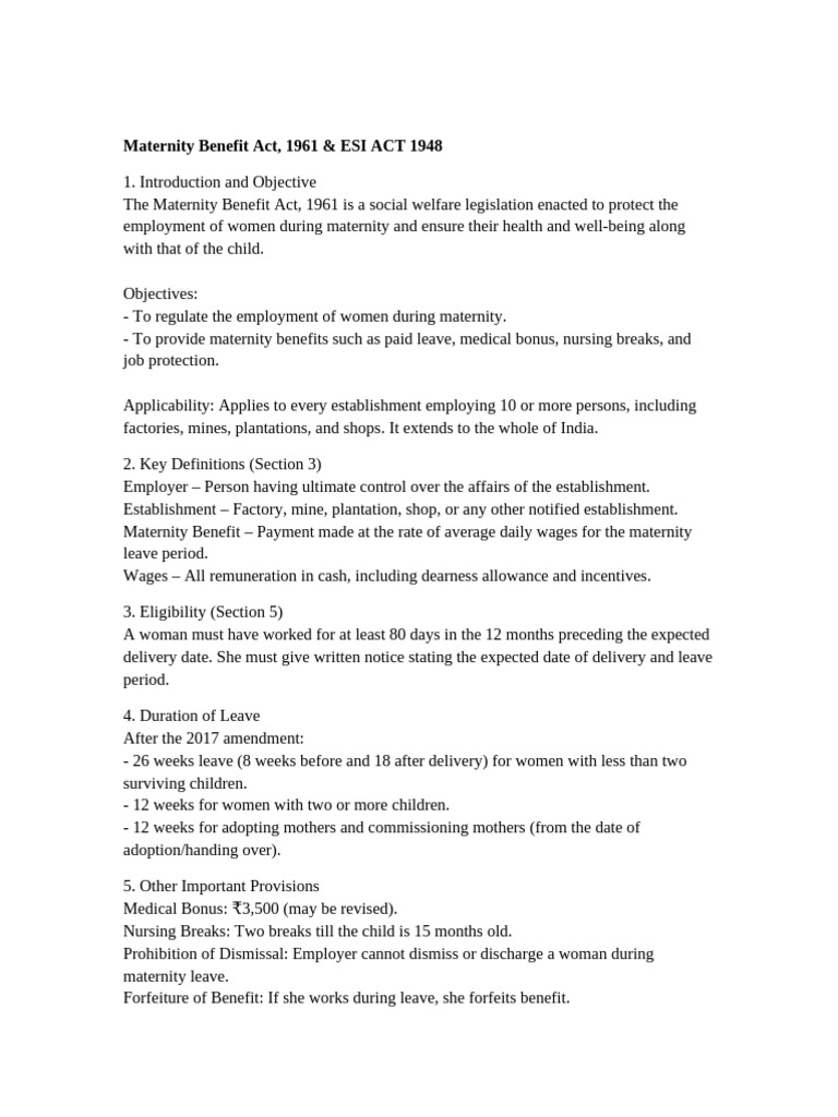 Maternity and ESI Act Notes | PDF | Employment | Parental Leave