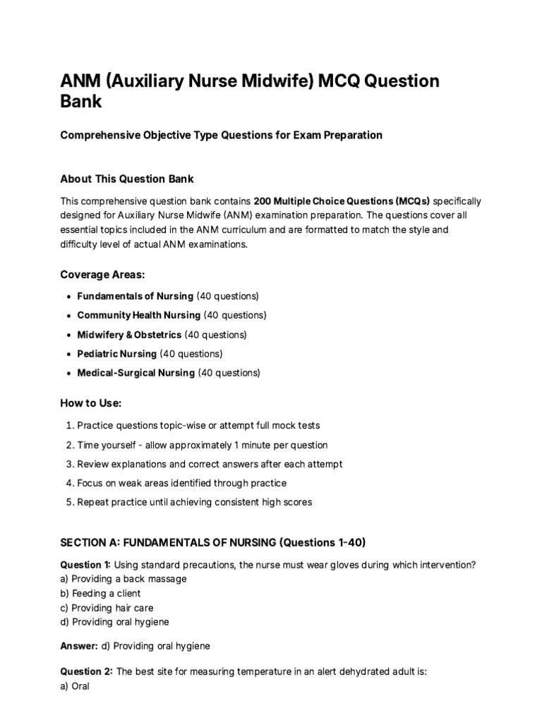 ANM Exam MCQ Question Bank: 200 Questions | PDF | Childbirth | Pregnancy