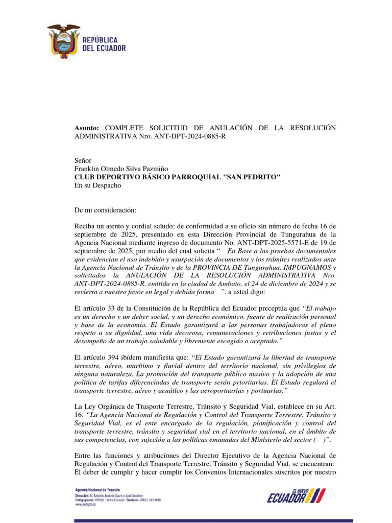 Solicitud de Anulación de Resolución ANT-DPT-2024-0885-R | PDF ...