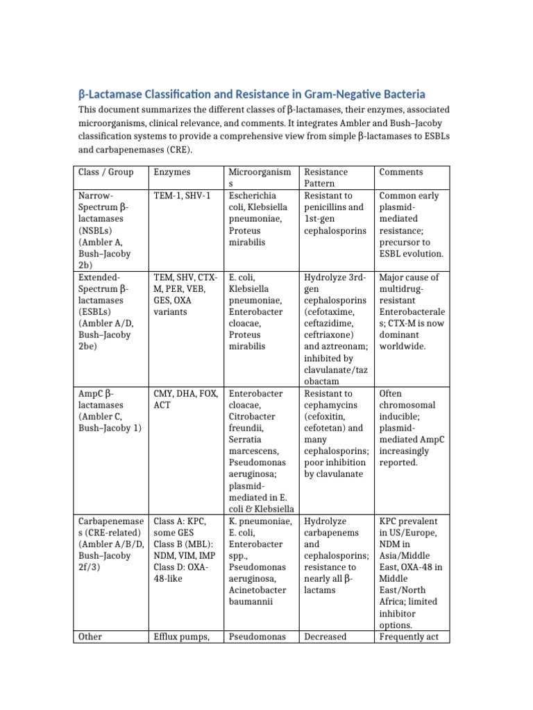 β-Lactamase Types and Resistance Overview | PDF | Beta Lactamase | Bacteria