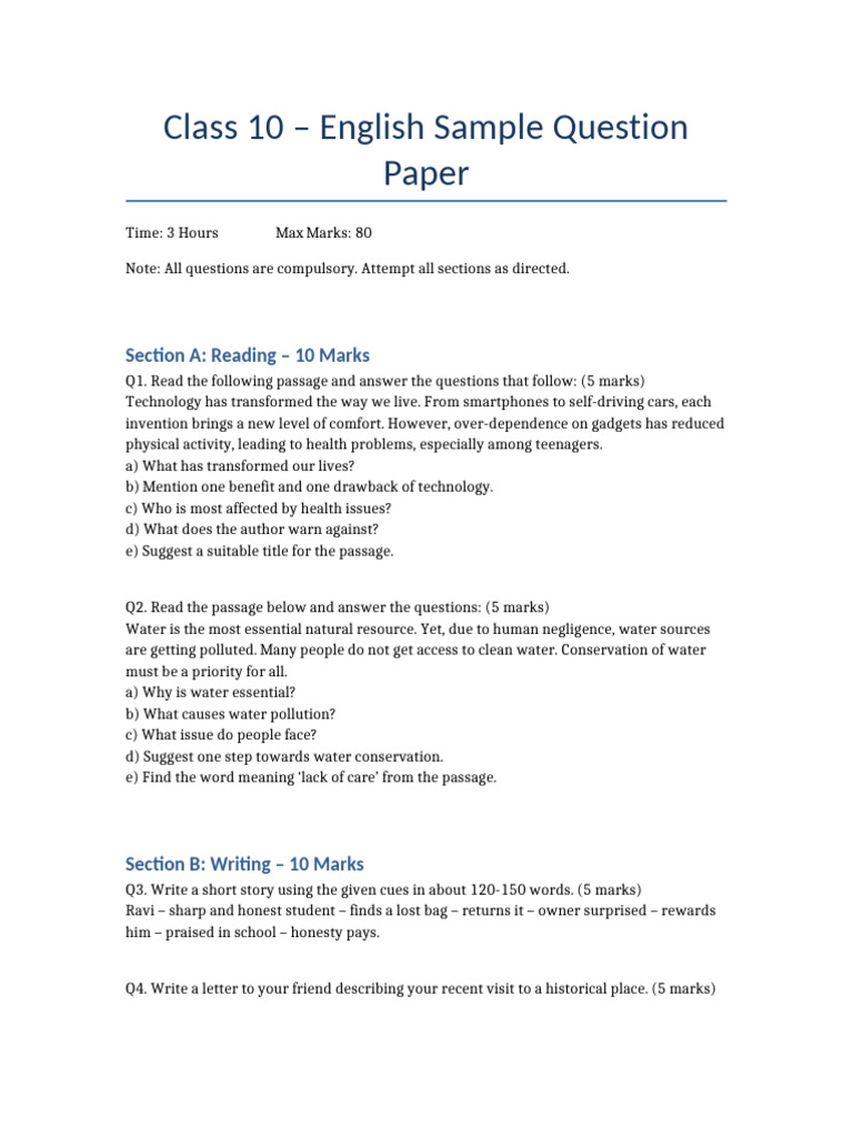 Class 10 English Sample Paper Guide | PDF | Grammar | Linguistics