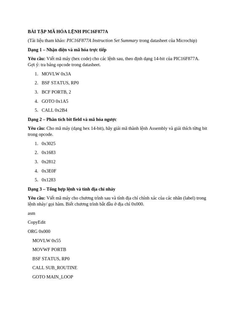 Exam - bài Tập Mã Hóa Lệnh Pic16f877a | PDF