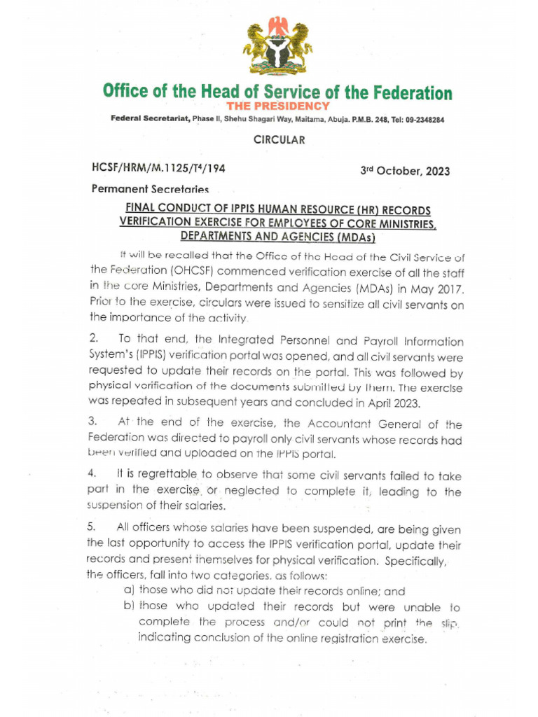 Final Conduct of IPPIS Verification Core MDAs | PDF
