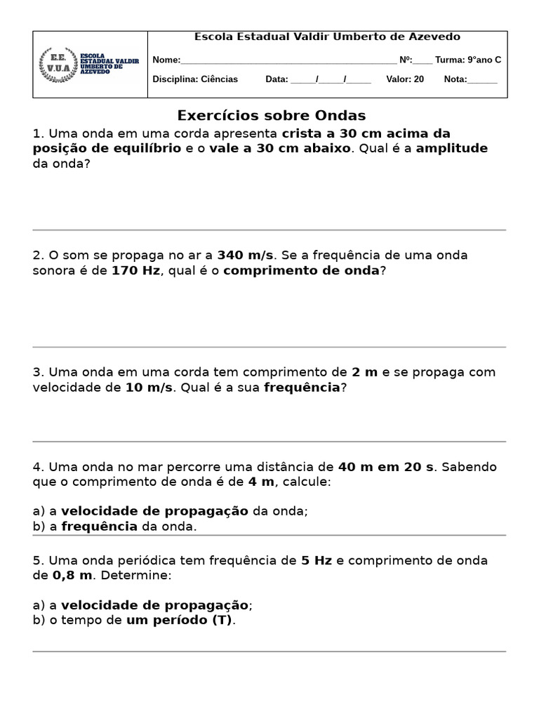 Exercícios sobre Ondas para 9° Ano | PDF | Ondas | Comprimento de onda